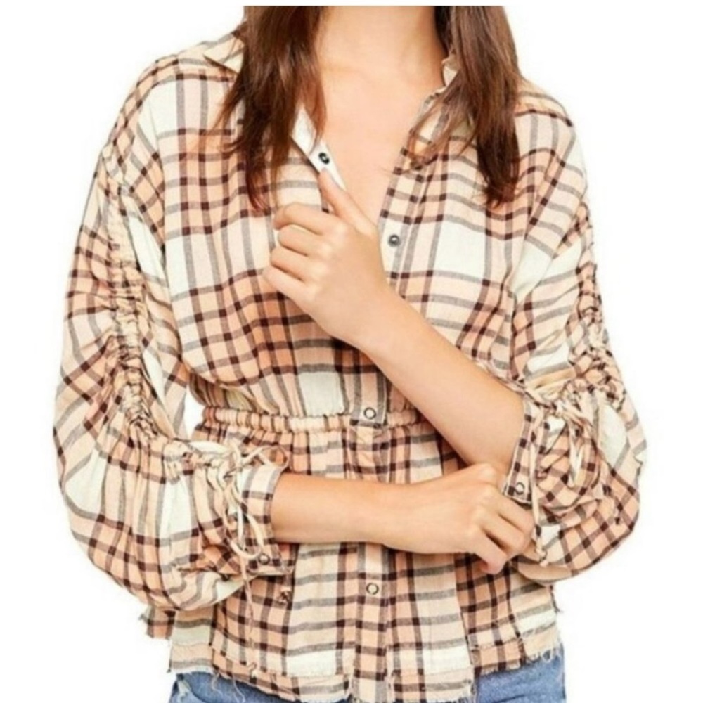 Free People Pacific Dawn Plaid Peach Tree Combo Raw Hem Button Up